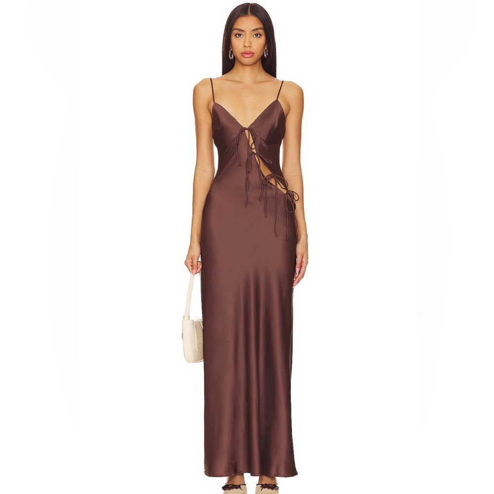 Lioness Satin Brown Tie-Front Slip Dress